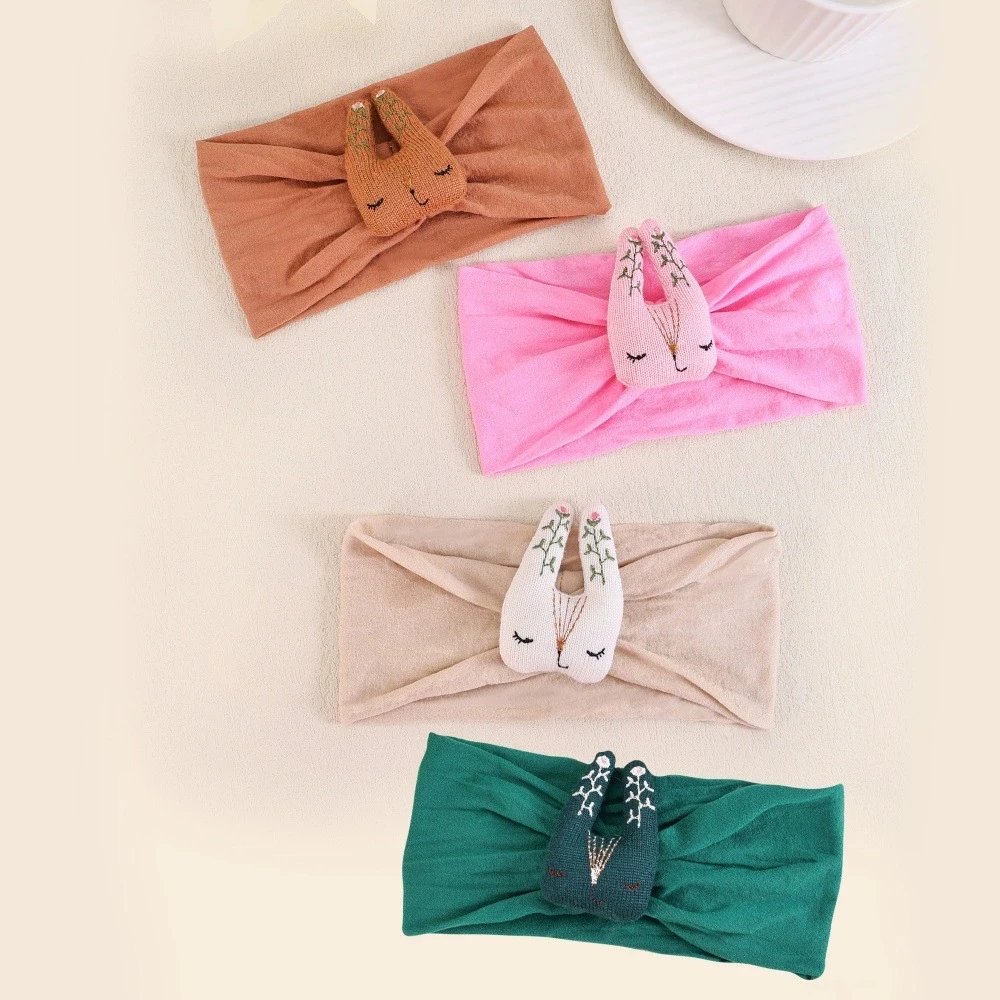 

4pcs/lot Cute Embroidered Little Rabbit Headband Newborn Baby Cute Hairband Wide Nylon Turban Headwrap Children Hair Accessories