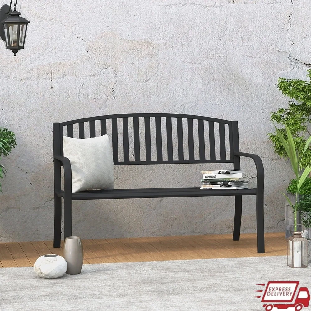 Stainless Steel Weather Resistant Garden Bench Outdoor Seating Durable Black Powder-Coated Elegant Design Easy Assembly Armrests