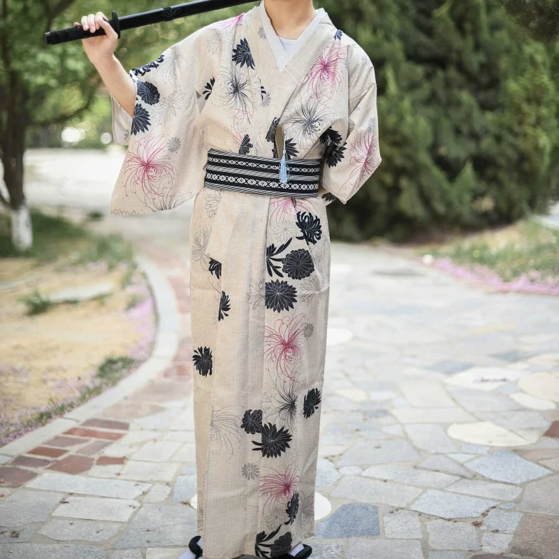 

Japanese Traditional Samurai Kimono For Men Yukata Pajamas Robe Hekoobi Loose Sauna Wear Homewear Belt Long Gown Cosplay Costume