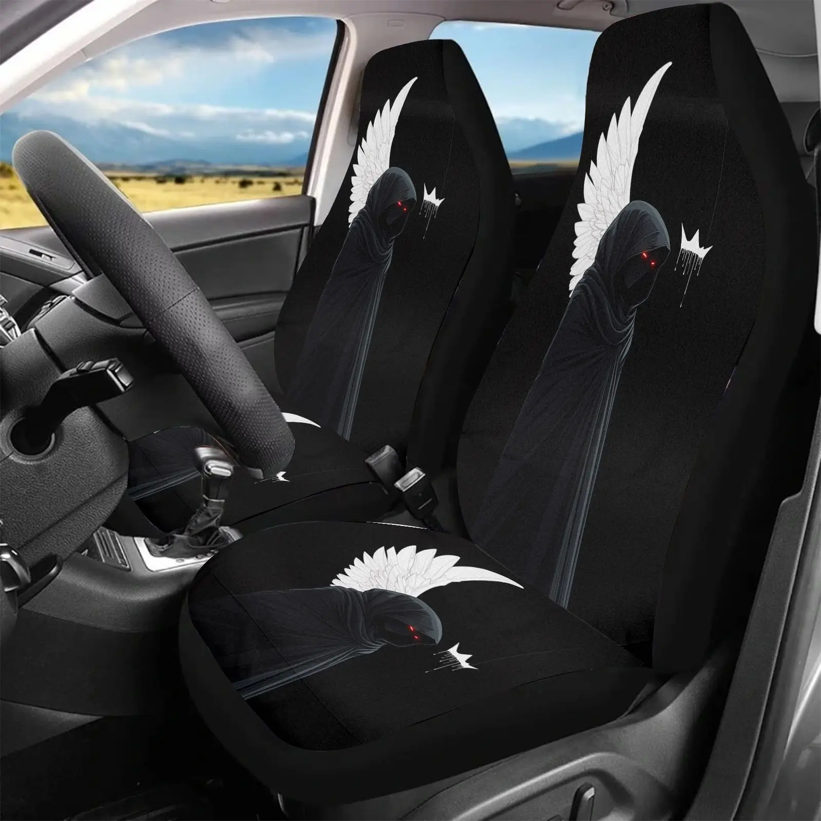 Black Angel-Themed Car Seat Covers Featuring Wings And Red Eyes For Interior Safeguarding