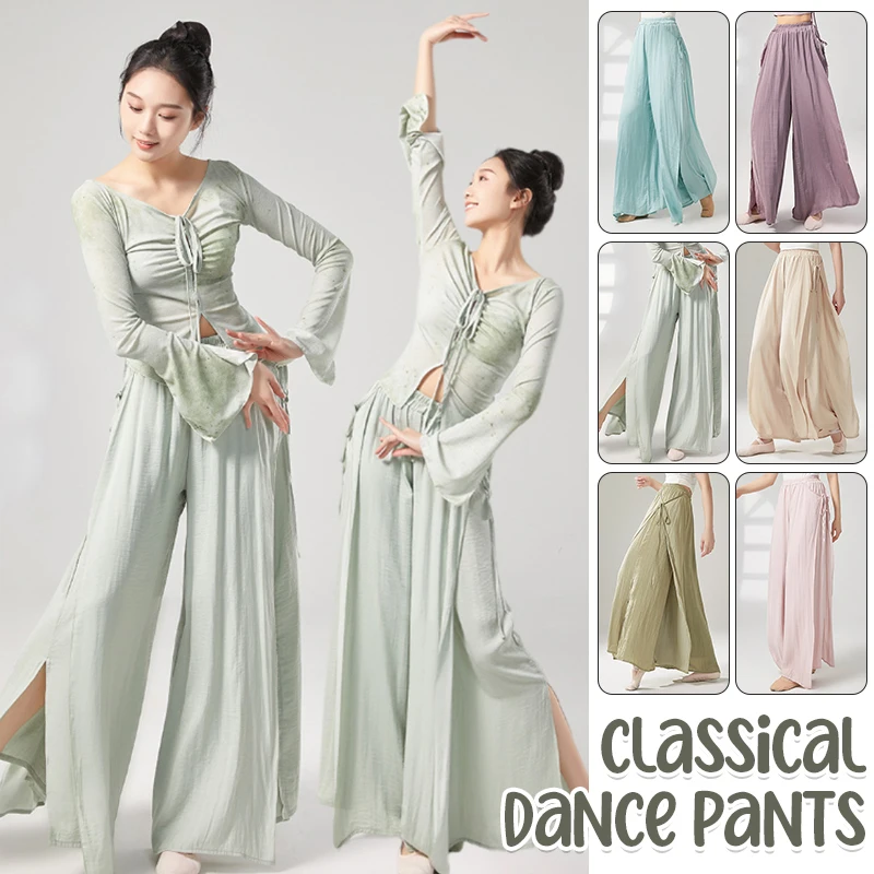 Women Chiffon Culottes Pants Wide Leg Lace-Up Classical Dance Trousers Flowy Elegant Ballroom Waltz Modern Dance Practice Pants