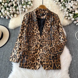 Leopard print Blazer Suit,For Women Clothing,2024 Spring Autumn Blazers, New fashion Sequin temperament Loose Suit Jacket,Female