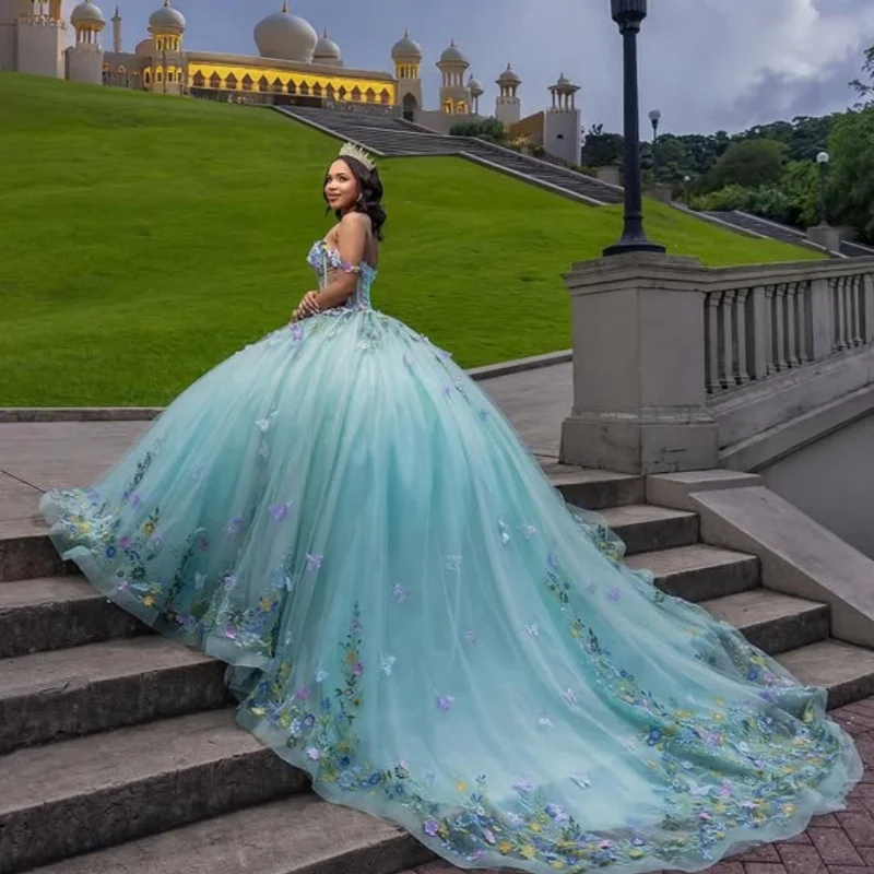 Vestido De quinceañera verde menta, calcomanía De flores con purpurina, cola larga, joyería De perlas, lazo De encaje, Vestidos De 15 quinceañera ﻿ Personaliza
