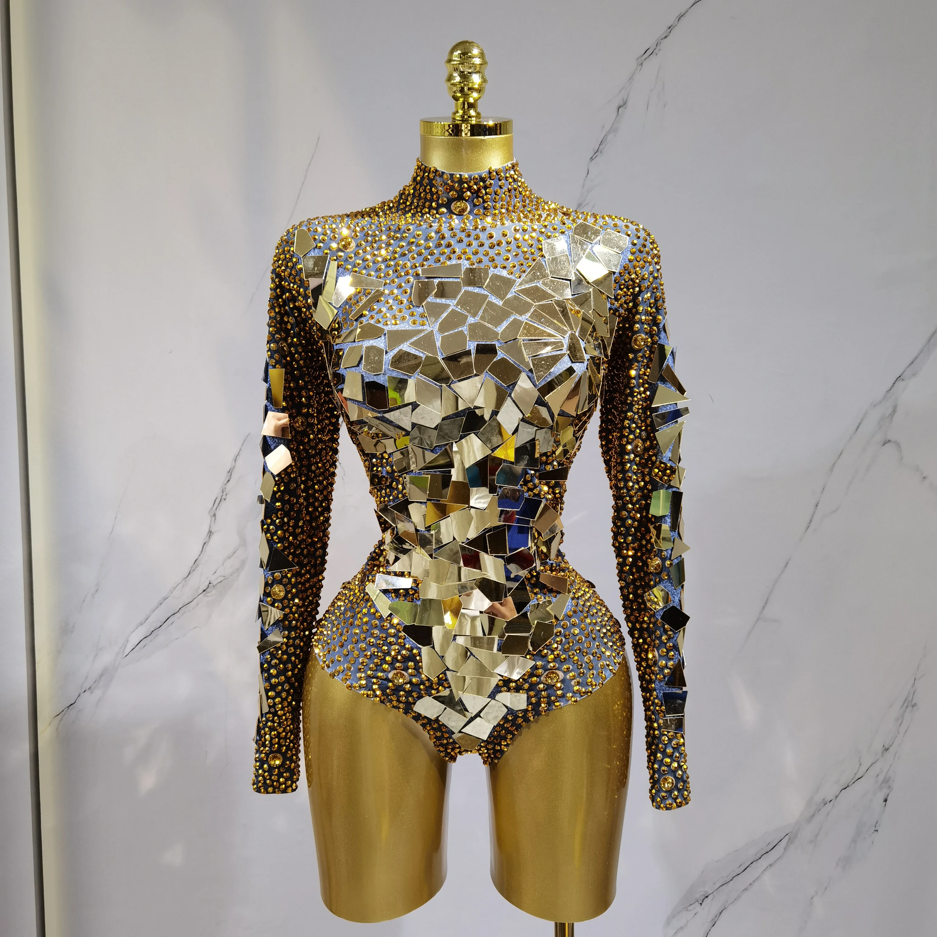 

Nightclub bar female singer DJ guest long-sleeved diamond sequined one-piece gold bottle performance costume