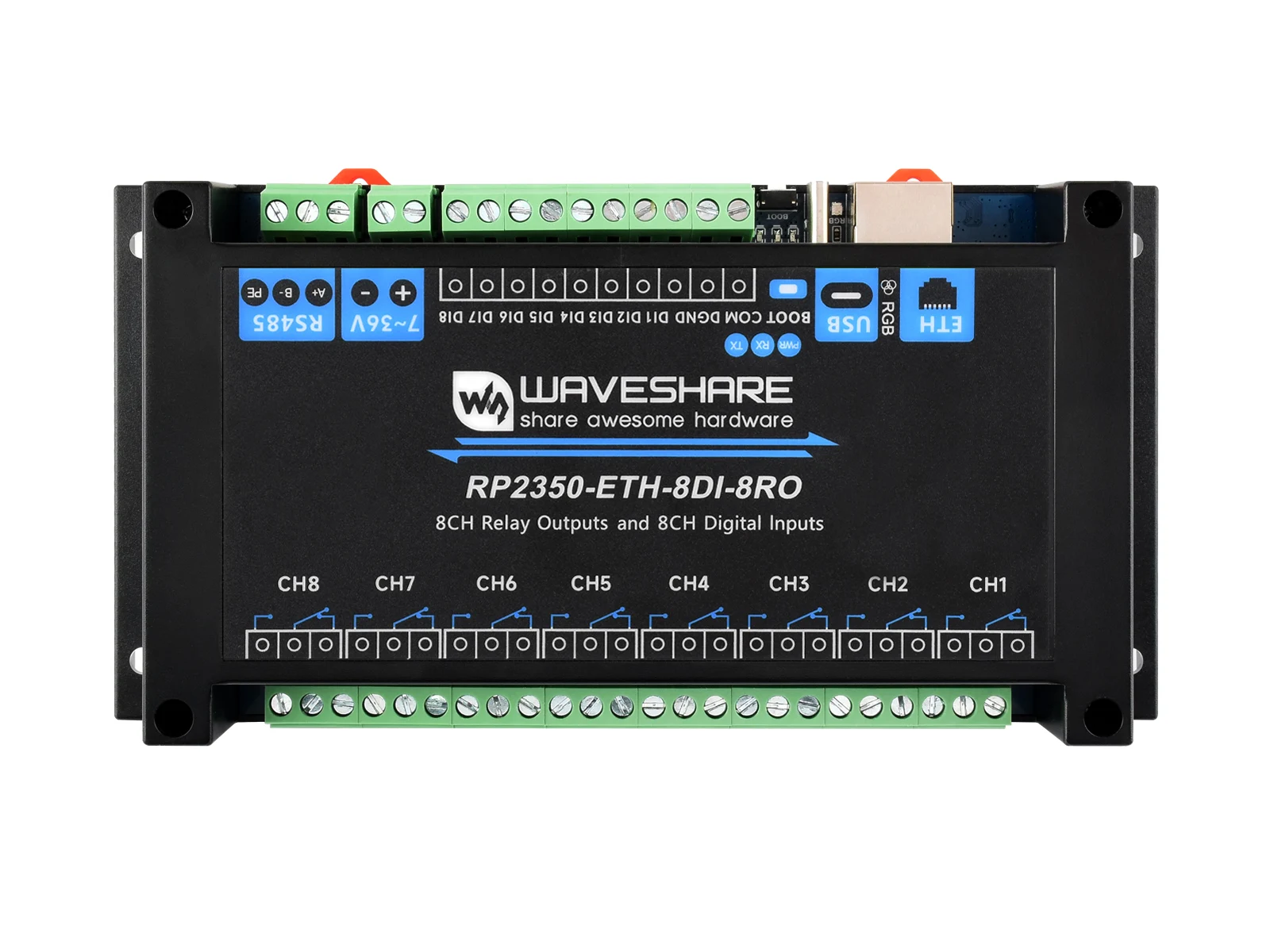 waveshare-industrial-8-channel-rp2350-relay-module-rp2350-dual-core-supports-digital-input-rs485ethernet-port-interface