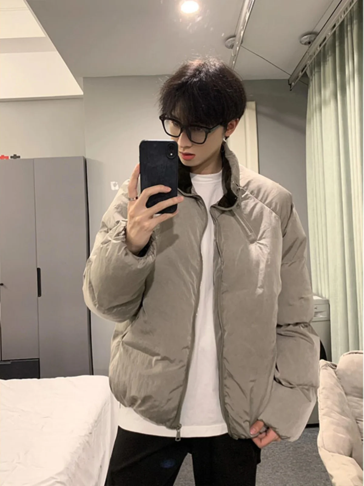 

Khaki Suede Men's down Jacket Bomber Cotton Coat Thickened Winter American Retro Style Youth Popular Outerwear Zipper Closure