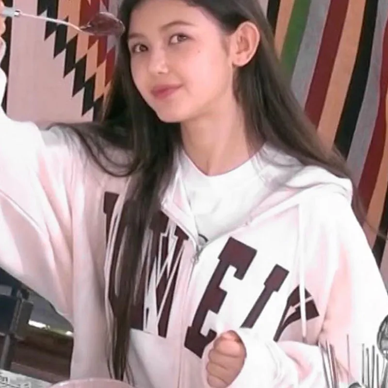 NewJeans Danielle Fce gevoerde hoodie met rits, open vest, losse pasvorm, lente herfst winter, capuchon, Jaet, vrijetijdskleding voor dames