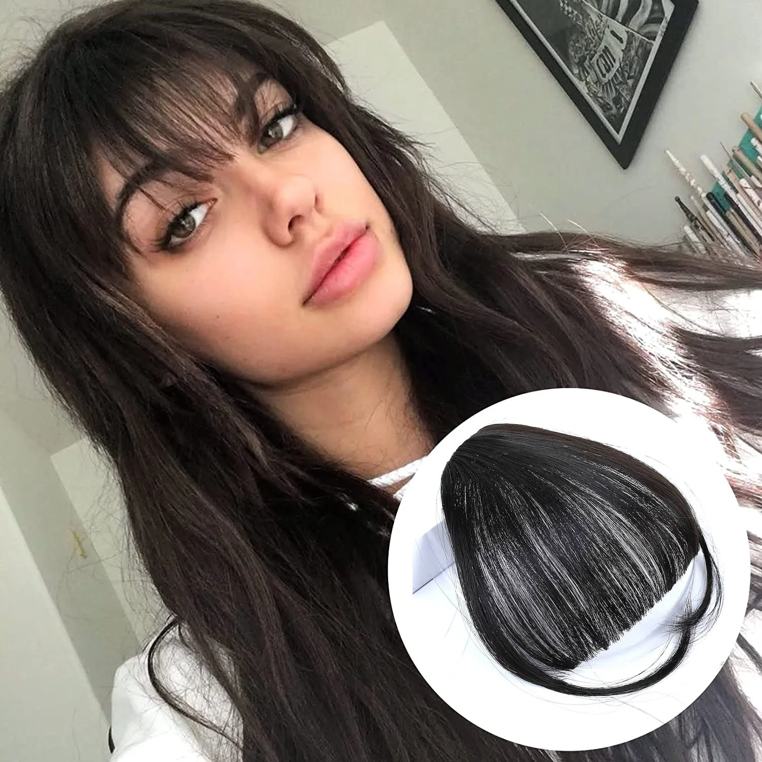 

Bangs Hair Clip in Bangs Synthetic Hair Extensions Natural Black Wispy Bangs Clip on Air Bangs for Women Fringe with Temples Hai