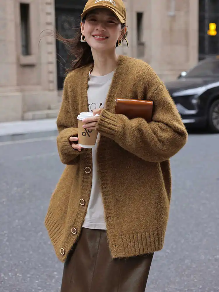 French Retro Knitted Cardigan Women'S Autumn And Winter Lazy Style Loose V-Neck Soft And Sticky Medium Long Sweater Jacket