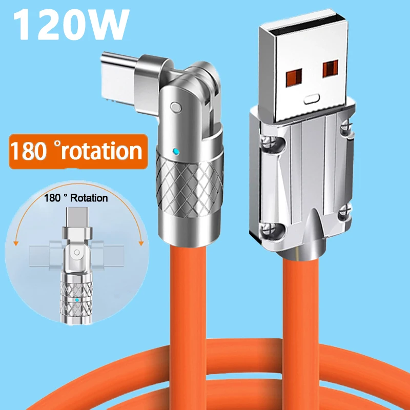 120W Type C Cable 1M PD USB C Data Cord 180° Rotation Elbow High Speed Fast Charging Line Wire for Huawei Samsung S24 Xiaomi 15