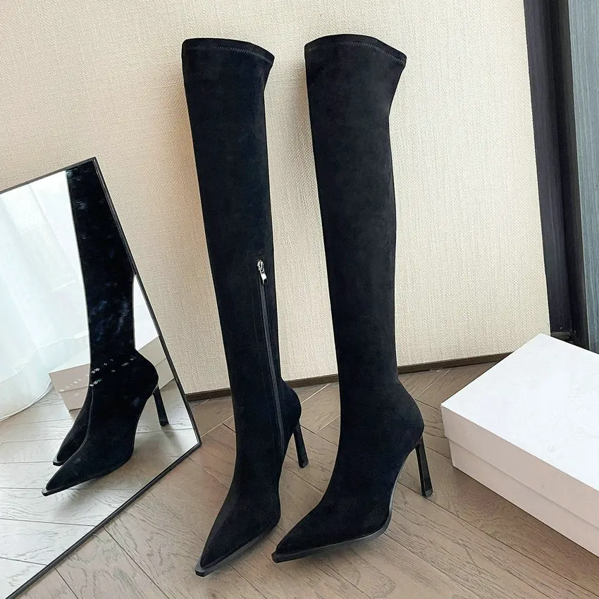 QUTAA 2024 Women Over The Knee Boots Autumn Winter Pointed Toe Zipper Slim Tight Long Boots Party Shoes Woman Size 34-39