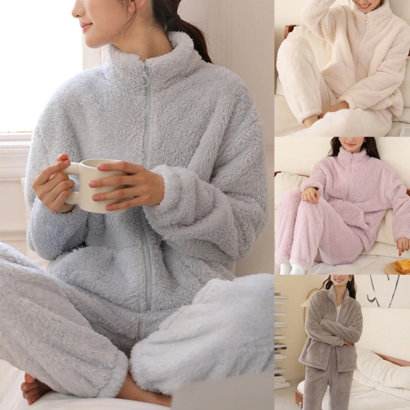 Womens Long Sleeve Winter Warm Furry Fleece Pajamas Pyjamas Sets Warm Fleece Loungewear Ladies Pajamas Set