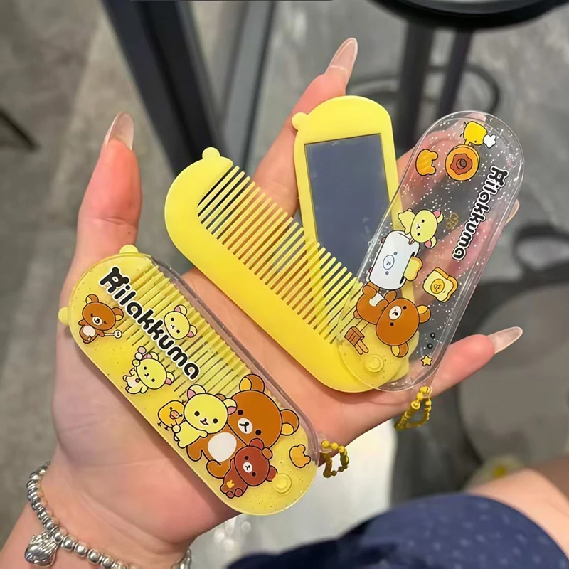Hot Rilakkuma Cute Cartoon 2 In 1 Folding Comb Mirror Portable Compact Girls Hair Brush Massage Smoothing Mirror Comb Set Gifts