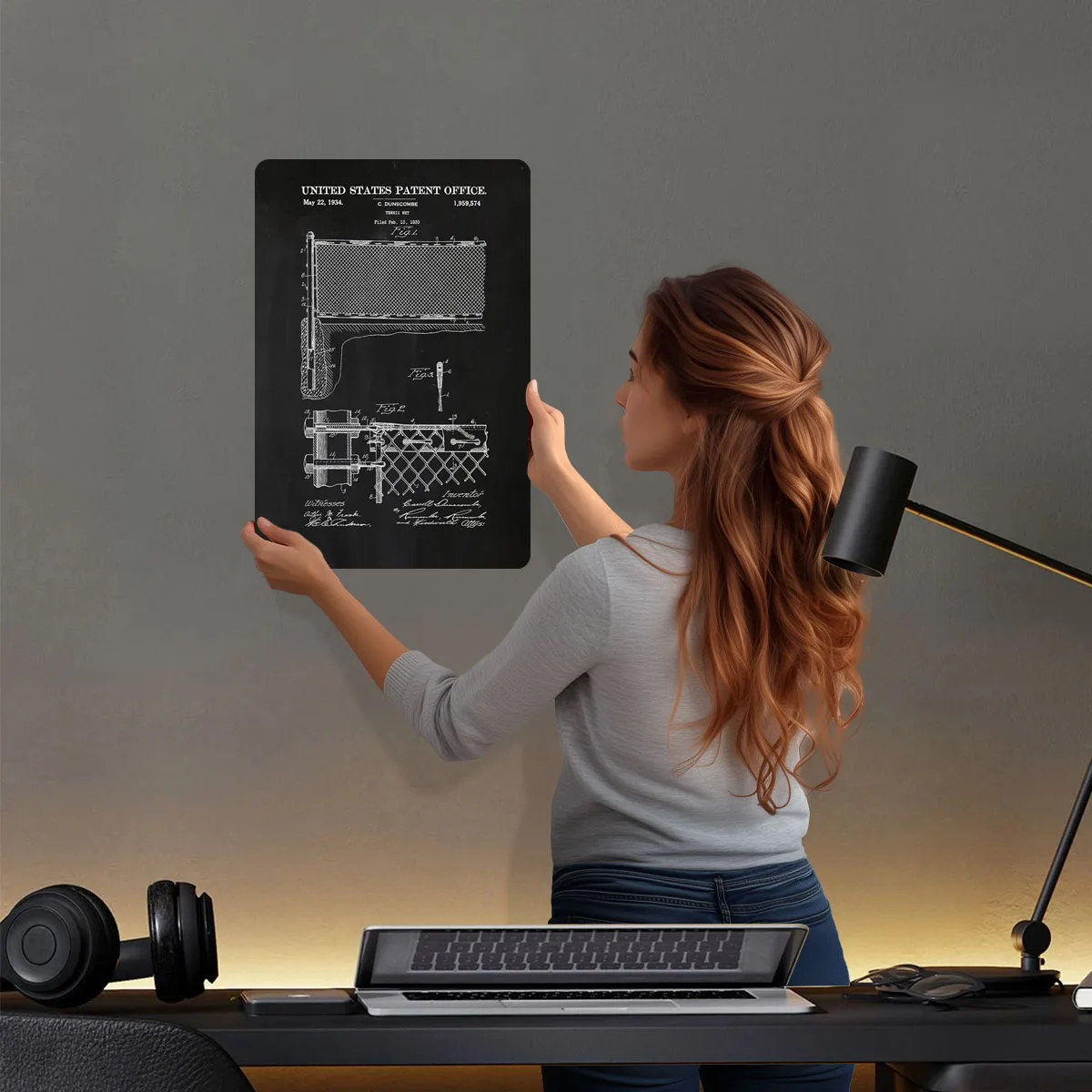 شبكة التنس براءة اختراع 1934 مخطط ملصق صفيح تسجيل لوحة معدنية عتيقة علامات معدنية مخصصة للرجل الكهف جدار الفن الديكور