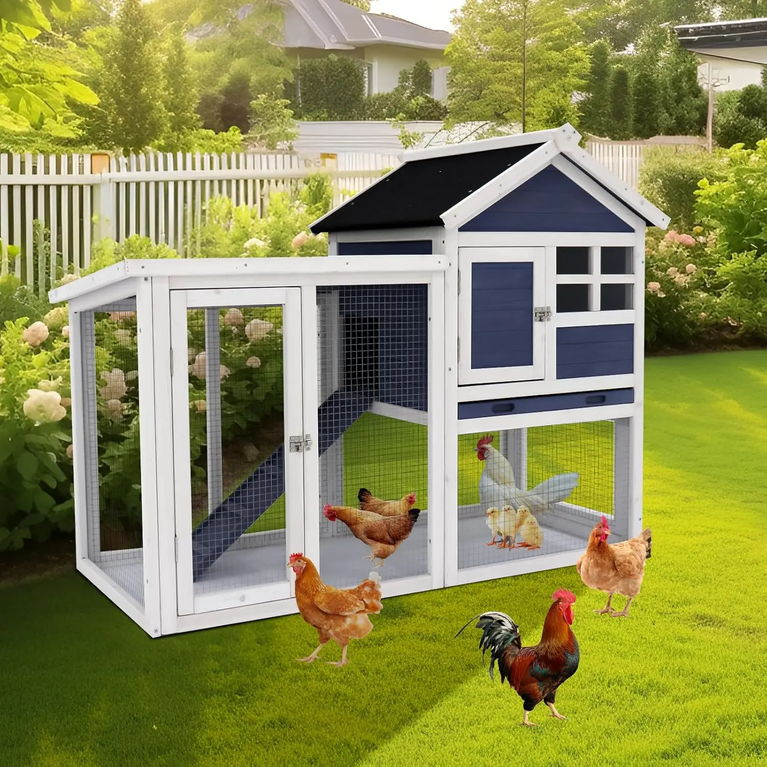 Chicken Coop Wooden Chicken House Deluxe Outdoor Mobile Poultry Pet Garden Backyard Cage w/ Nesting Box, Leakproof Pull-on Tray