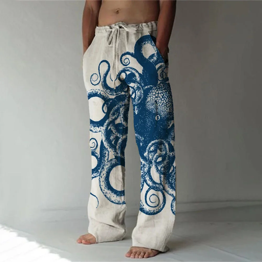 الربيع والصيف أزياء الكارب 3D الرقمية المطبوعة السراويل الساق المستقيمة الرجال الكتان عارضة تنفس الرياضة السراويل واسعة الساق