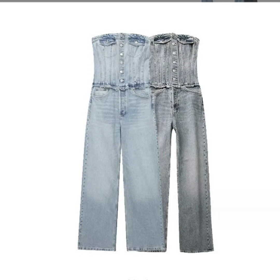 Strapless Denim Jumpsuit Spring Summer New Fashion Versatile High Waisted  Single Breasted Wide Leg Trousers Women Streetwear