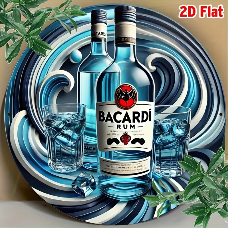 2D plano, 2D plano 1 pieza, redondo 20x20cm(8x8 pulgadas) Bacardi Rum Placa de letrero de aluminio de metal vintage, decoración de arte callejero retro para patio, G