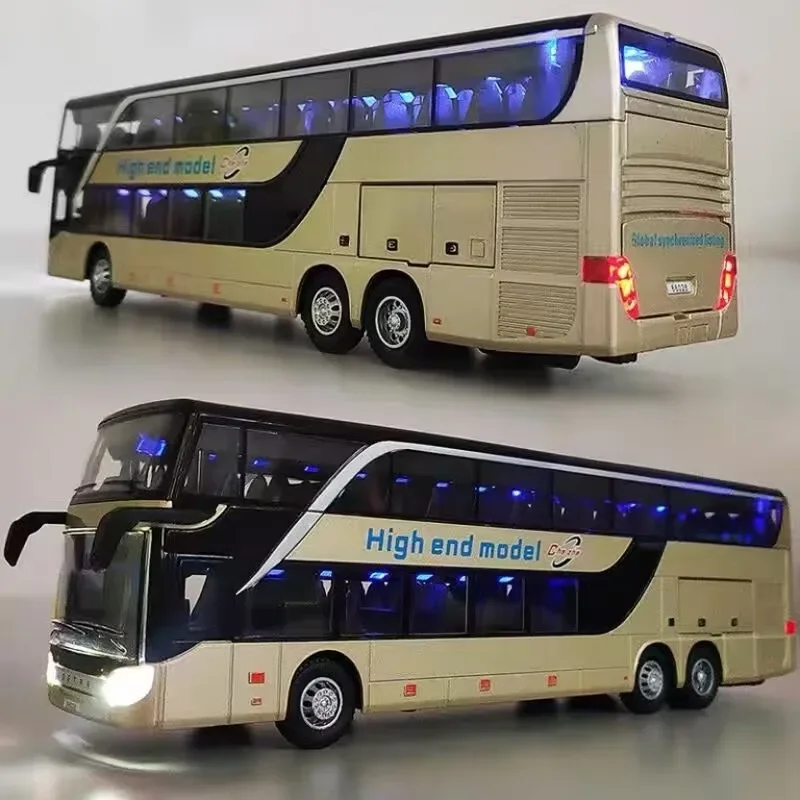1:30 Simulation Double Decker Bus Model Alloy Toy Car Luxury Electric Airport Business Bus Sound Light City Tour Car Kids Gifts