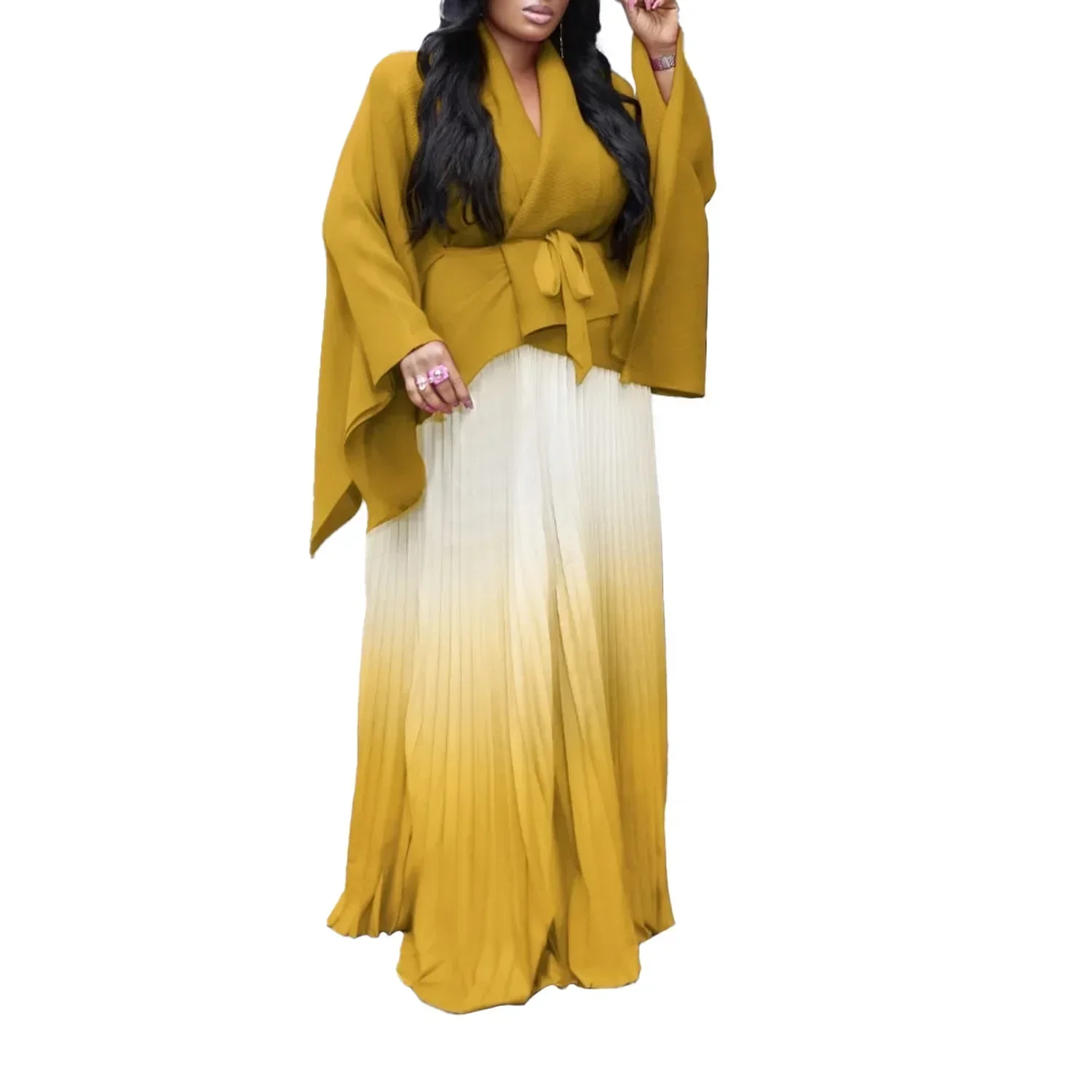 Autumn Fashion 2024 Long Sleeve V-neck Polyester Party Evening 2 Pieces Top Long Skirts Matching Sets African Clothes for Women
