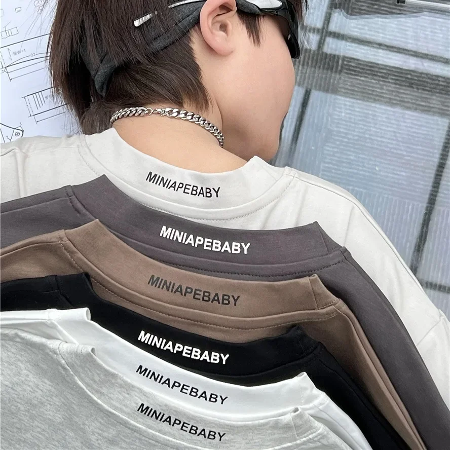 子供用半袖コットンカラー,小さな文字,単色,ベーシック,男の子と女の子,サマーコレクション,2025