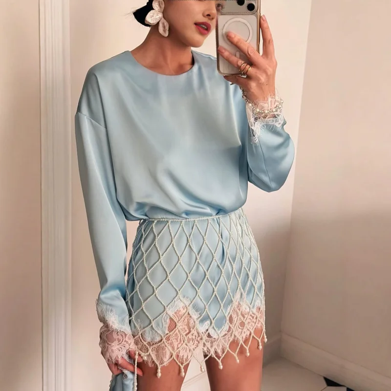 

Women Light Blue Lace Satin Round Neck Dress Elegant Side Tie Long Sleeve Soft Short Gown 2026 Daily Vacation Party Sundress