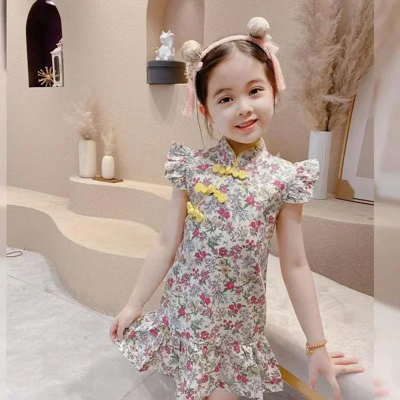 Girl Summer Dress Cheongsam Children\'s Dresses Vestidos Kids Clothes Fashion Baby Chinese Qipao Modern Hanfu Girl\'s Tang Style