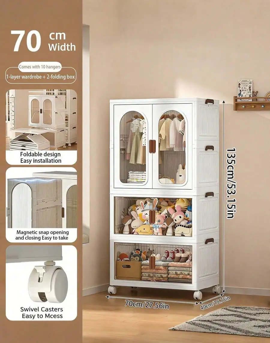 Armário de Armazenamento Dobrável Transparente de 70CM/27.55in com Rodas, Organizador de Closet Empilhável de Múltiplos Níveis, Durável para Roupas