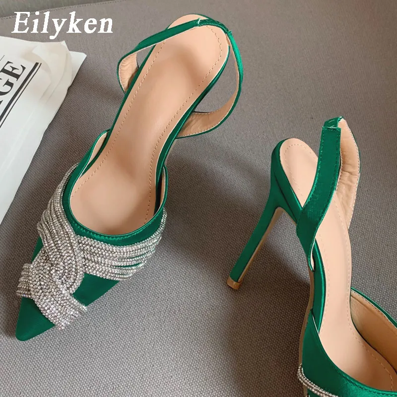 Eilyken moda glitter strass seta donna pompe primavera cristallo raso tacchi alti sandali con cinturino alla caviglia scarpe da ballo per feste