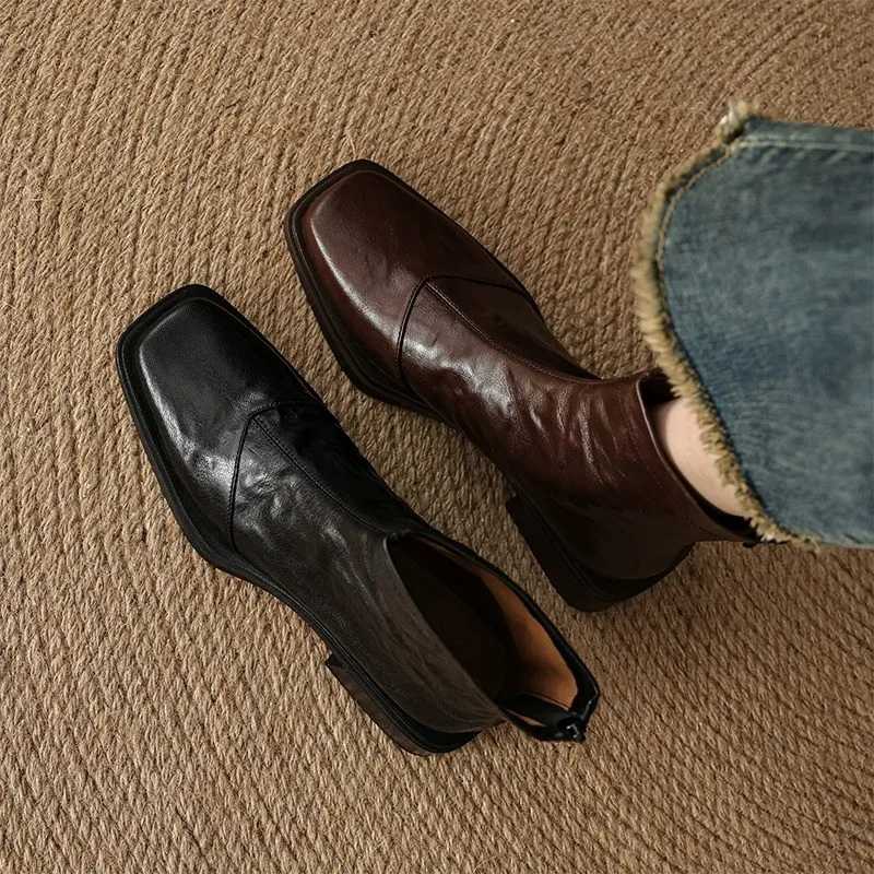 

Осень-зима, уютные женские ботильоны из мягкой кожи, модная обувь с квадратным носком, современные эластичные тонкие короткие ботинки Botas Para Mujer