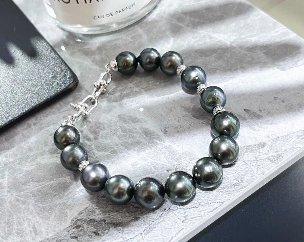 

9-10mm Natural Seawater Black Tahiti Pearl Luxury Bracelet 925 Sterling Silver for Women Man Elegant Jewelry Bracelet 18CM