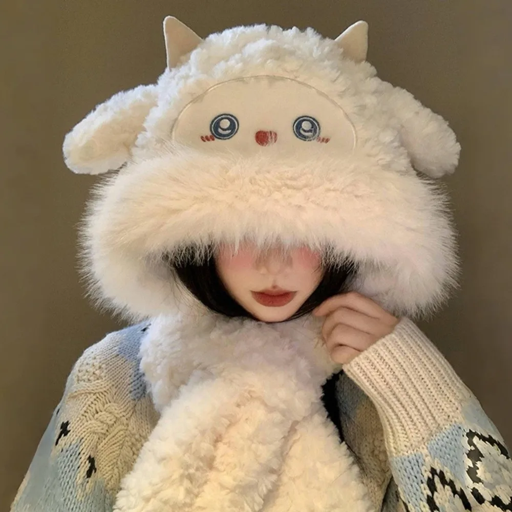 

Kawaii Warm Little Sheep Plush Hat Cartoon Thickened Ear Protection Hat Ears Move Coldproof Animals Beanie Hats Winter Autumn