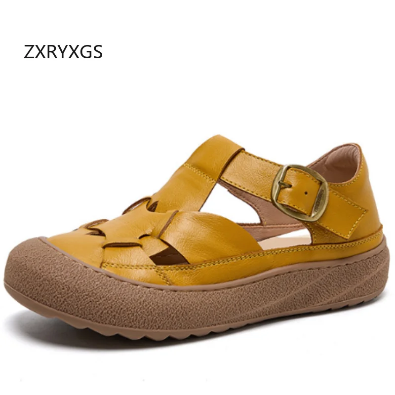 ZXRYXGS Promotion 2026 Soft Cowhide Round Toe Woven Summer Sneaker Sandals New Fashion Genuine Leather Sandals Flat Trendy Shoes