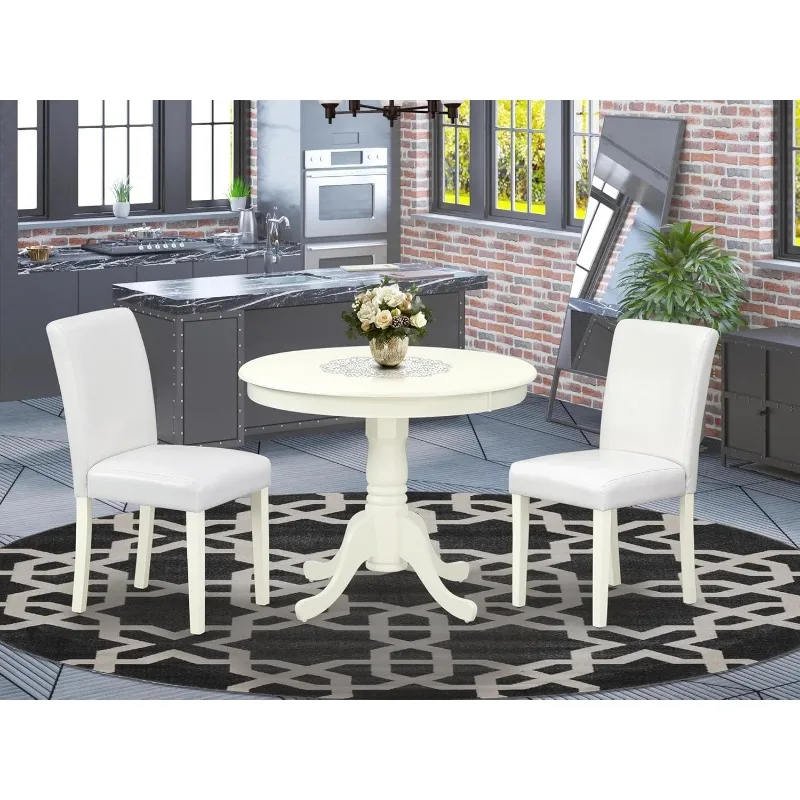 3 Piece Modern Dining Set, One Round Kitchen Table with Pedestal Base and 2 White Faux Leather Upholstered Cushions