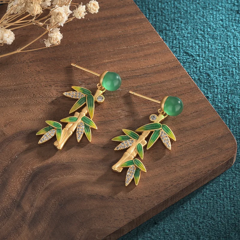 Retro Chinese Jade Pendant Stud Earrings for Women Ancient Palace Style Hand Made Flower Bamboo Shaped Small Luxury Jewelry