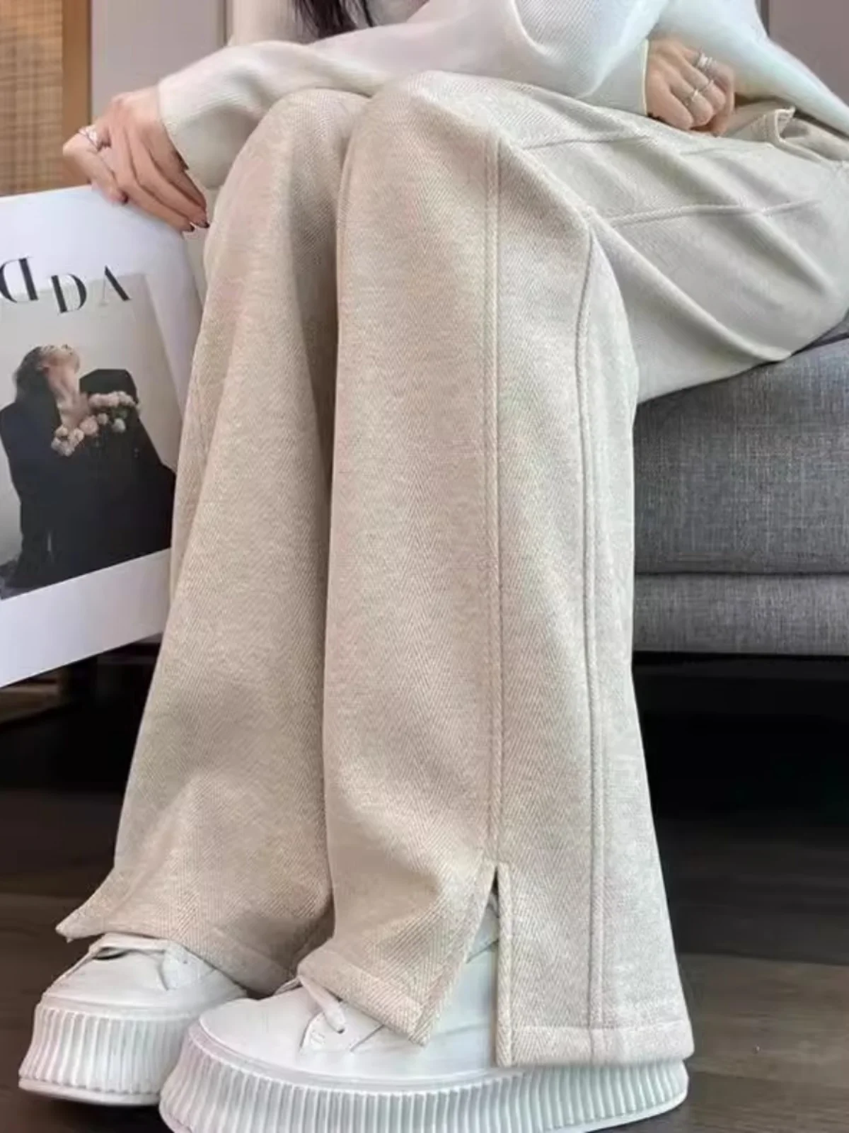 

Женские зимние брюки с высокой талией, утепленные флисом, широкие, прямого кроя, однотонные, свободные, для повседневной носки