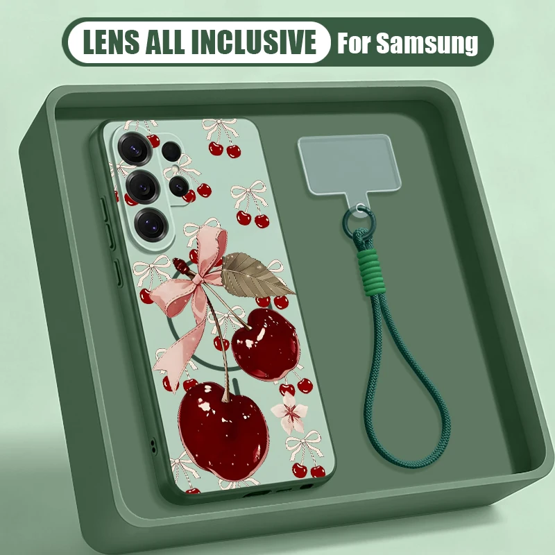 Little Cherry Pattern Magnetic Lanyard Phone Case For Samsung Galaxy S26 S25 Ultra S24 S23 FE A57 A17 A56 A37 A16 A55 A36 Cover