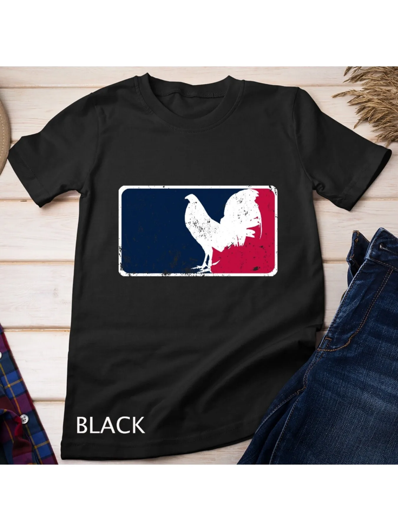 

Vintage GameFowl Major League Rooster Graphic TShirt 100 Cotton Black with Red Blue Stripes Casual Crew Neck for Parties