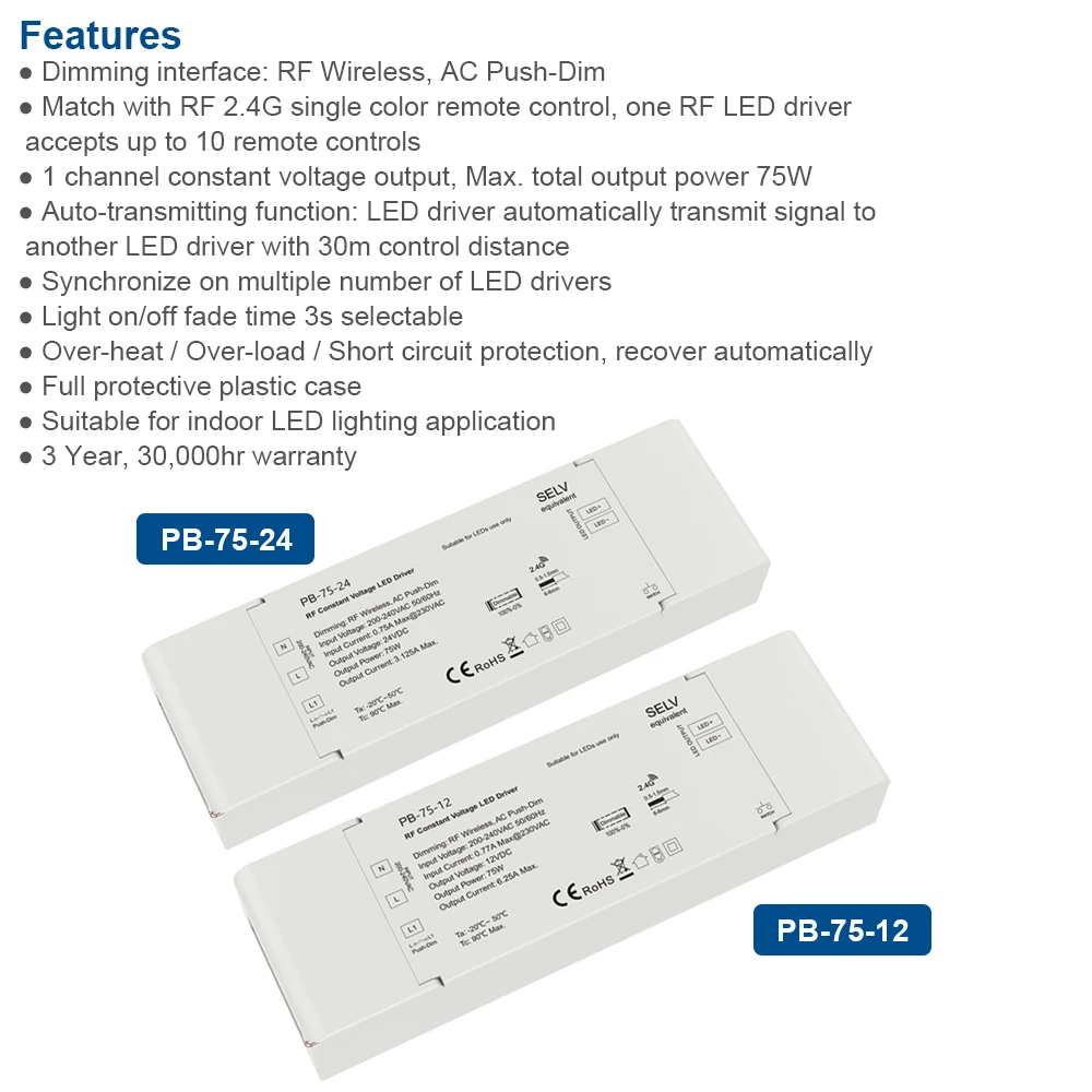 2.4G RF Wireless Remote Control Dimmable LED Driver 12V 24V 75W AC200V 240V to DC 12V 24V Constant Voltage LED Dimming Driver