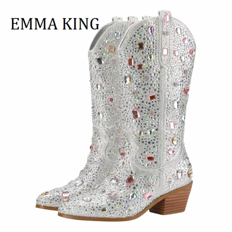 Women's Multi-colored Rhinestone Mid-calf Boots Gemstone Chunky Heel Western Cowboy Boots Bling Party Dress Shoes Botas De Mujer