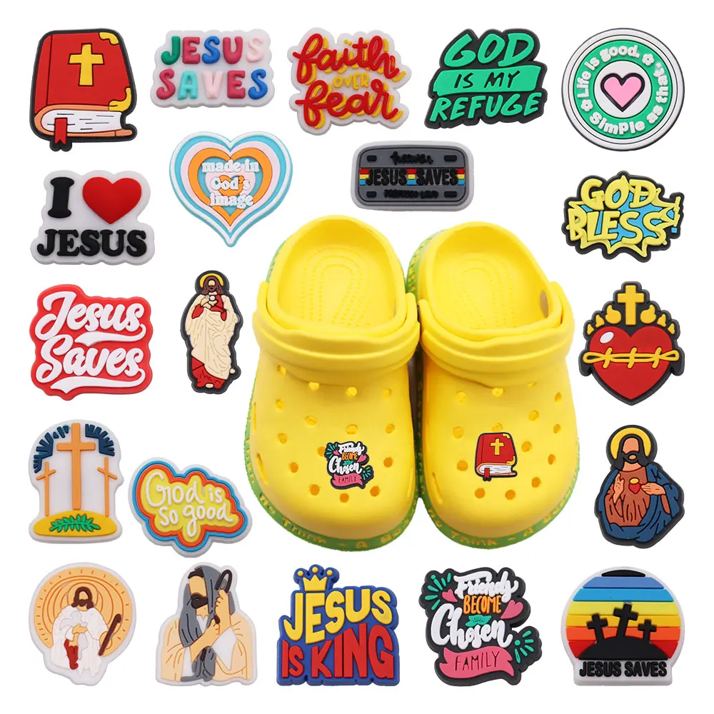 Single Sale 1pcs PVC Shoe Charms Cross God Holy Bible Jesus Saves Slipper Accessories Shoes Ornament For Children Gift