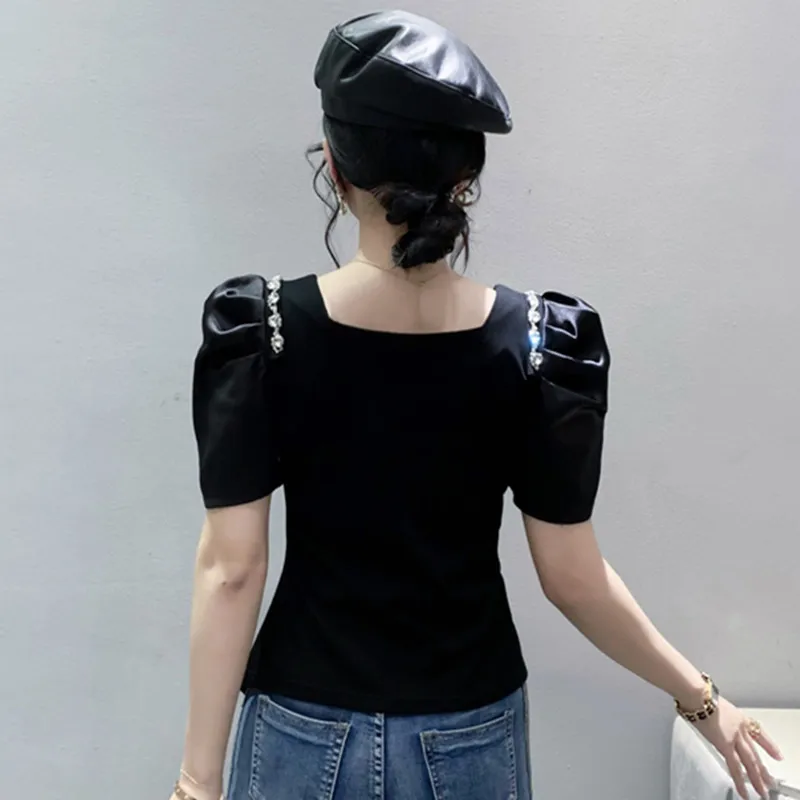 2023 Summer New Puff Short Sleeved Shiny Diamonds Casual T-shirt Women Korean Fashion Temperament Square Neck Female Tees Tops