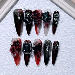 10 stücke handgemachte lange spitze Presse auf Nägeln 3d schwarz rot Rose Kristall Design gefälschte Nagel Patch europäischen Schwermetall falsche Nagels pitzen