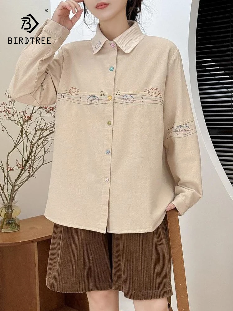 

New 2026 Spring Women Cotton Long Sleeve Brushed Shirt, Turn-down Collar Embroidery, Mori Girl OL Fashion Loose Blouse T62559CC