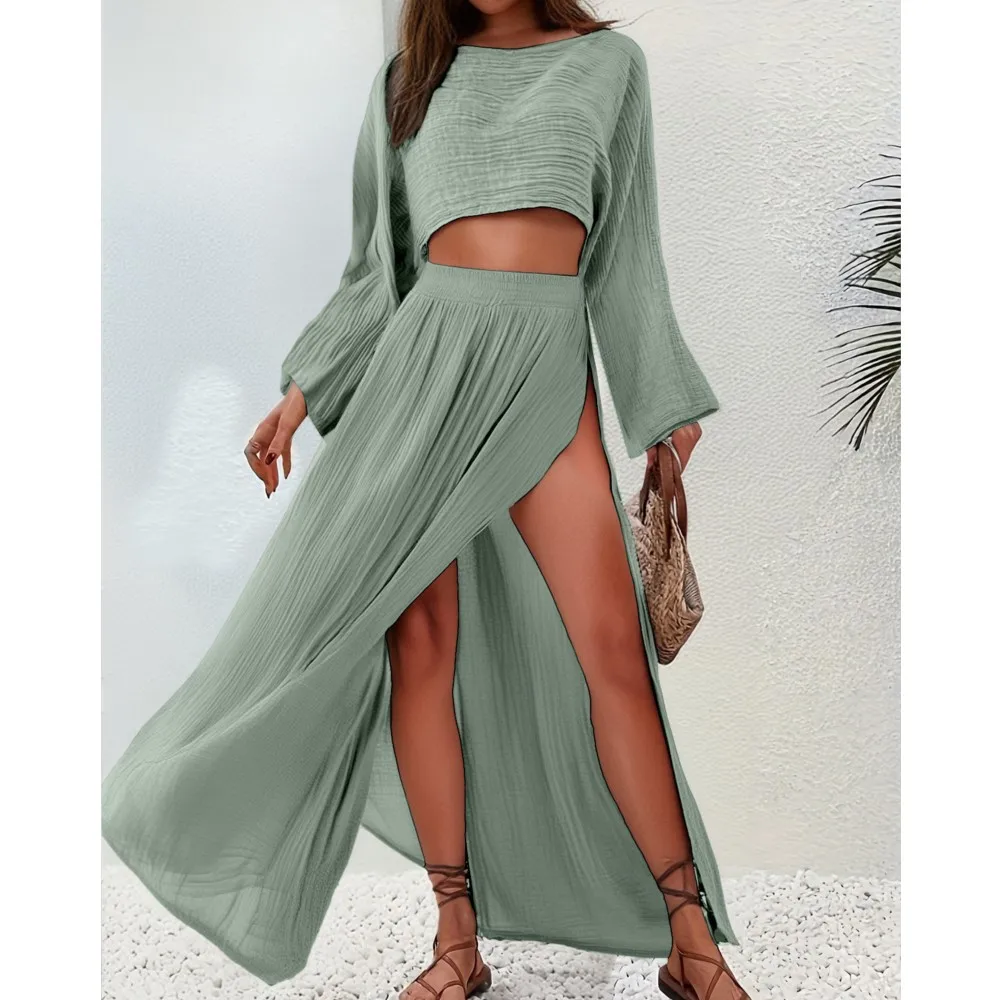 

Cotton Blend Long Skirt Suit Solid Color Casual Summer Women's Long Sleeve Round Neck Short Top Slit Skirt Two-piece Set