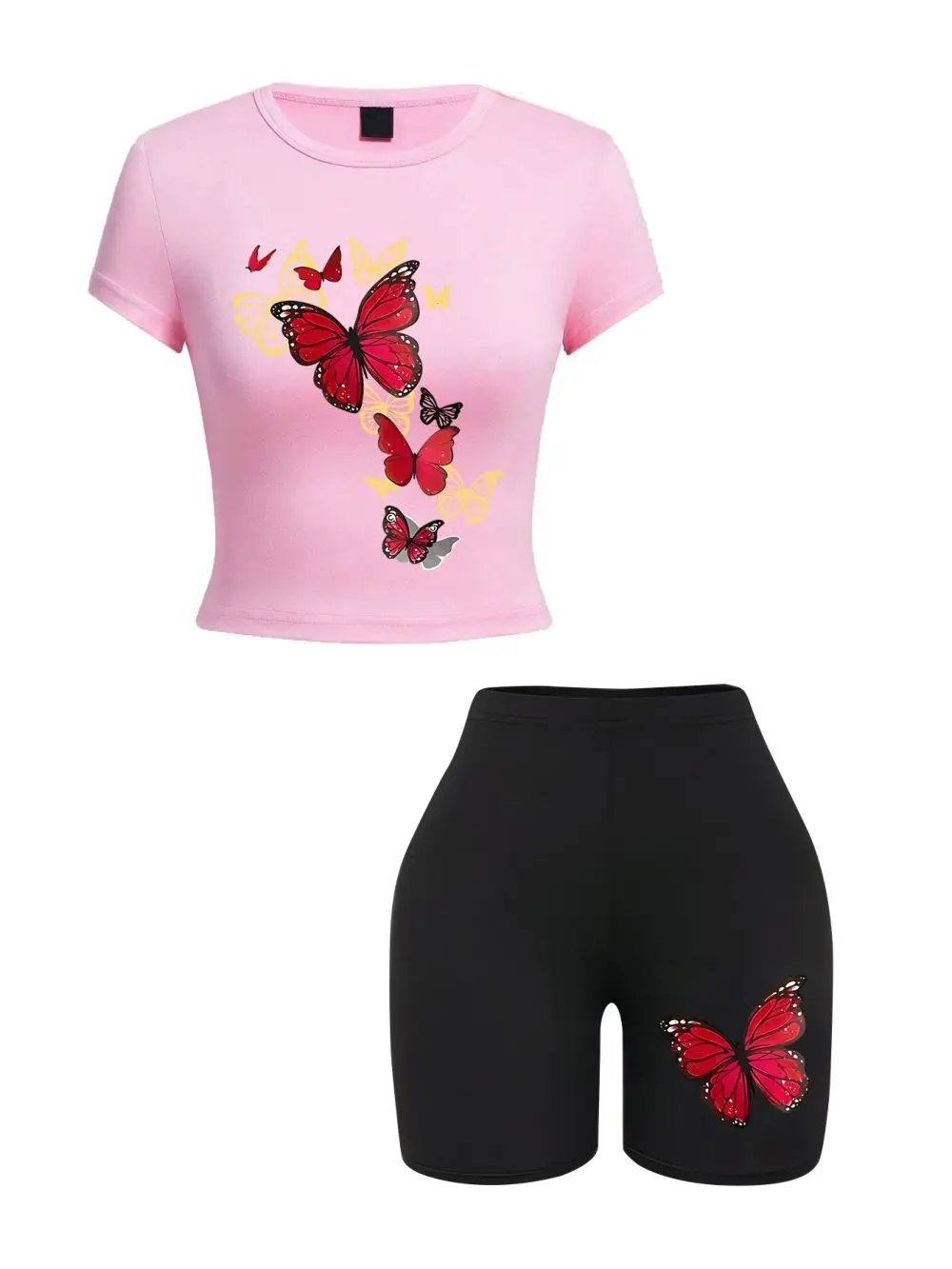 2 Pieces Set High Elastic T-Shirts Pants For Women Colorful Butterfly Printing Crop Tops Fashion Street Soft Slim-fit Clothes