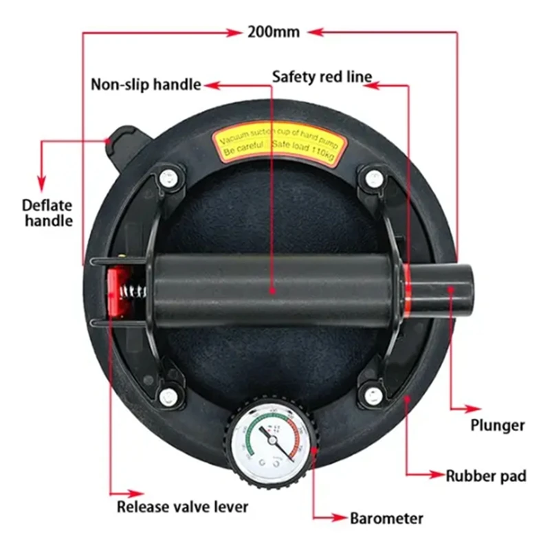 8Inch Glass Suction Cup To Lift Large Glass & Tile,Handheld Vacuum Lifting Heavy Duty Handling Tool With Pressure Gauge, Durable