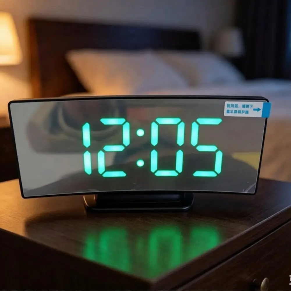 LED Curved Mirror Digital Clock Alarm Table Watch Modern Electronic Timepiece Multifunctional Home Decor Device