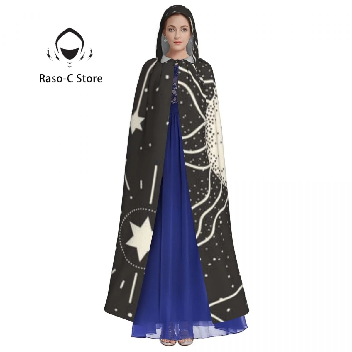 Moon Stars Astrology Hooded Cloak Polyester Unisex Witch Cape Costume Accessory