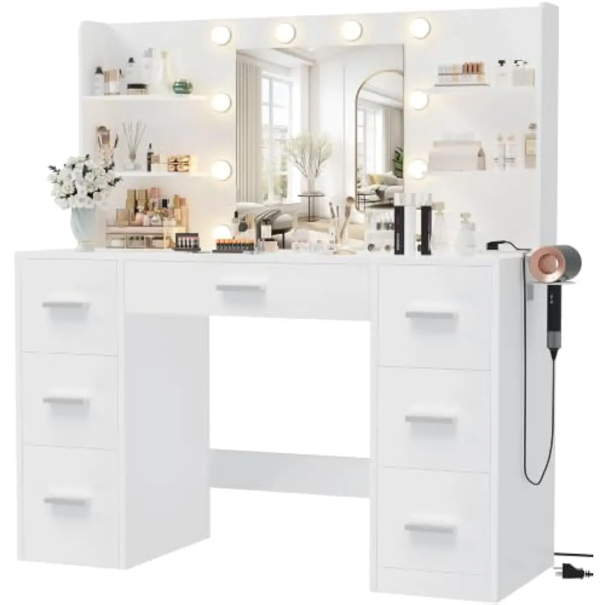 Vanity Desk Featuring Adjustable Tri-Color LED Mirror, 7 Spacious Drawers, 6 Open Shelves, Dual AC Outlets, USB-A and USB-C Port